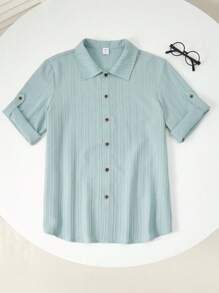 SHEIN Lässiges, vielseitiges und bequemes Hemd für Teenager-Jungen mit gewellter Stehkragenstoff, offener Vorderseite, locker sitzenden Kurzarm, Unifarben, geeignet für Schule, Garten, Strand, Geburtstag im Frühling, Sommer, Herbst & Winter