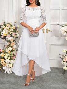 SHEIN Lady Vestido Branco de Renda com Recorte de Renda, Vestido Elegante para Festa de Casamento para Mulheres - Branco - Visão 6