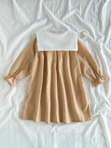 SHEIN Bebeluși, primăvară/toamnă, rochie simplă, elegantă, cu guler brodat, cu mânecă lungă, potrivită pentru ieșiri, vacanțe, petreceri, design relaxant și confortabil pentru copil mic