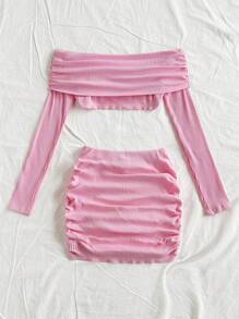 Soleia 2 件套女士节日粉色针织纹理蝴蝶结露肩上衣和松紧腰部褶皱 A 字迷你裙、婚礼套装、情人节、女士度假装、粉色套装、狂欢节、女士生日装 - 粉色 - 查看 3