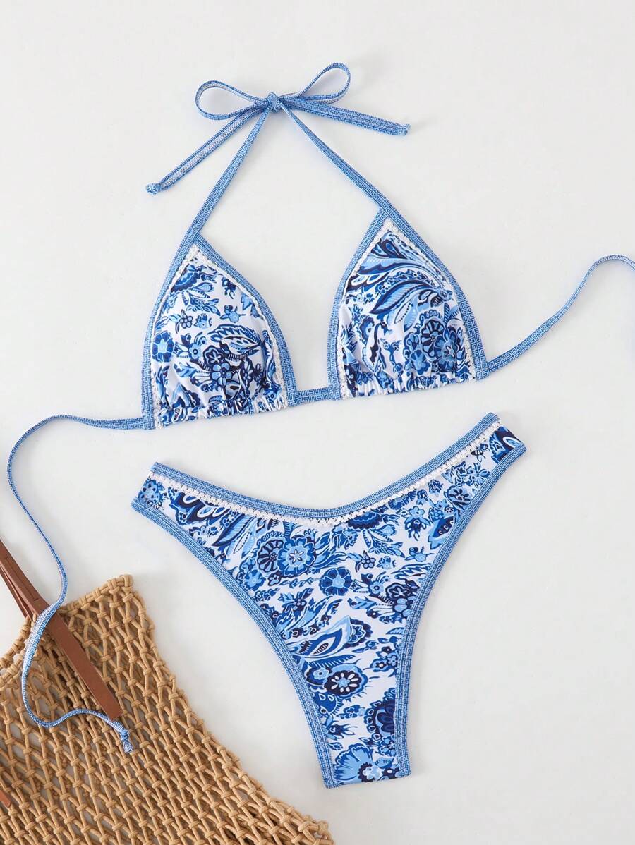 SHEIN Swim Springbreak 女士夏季随机花卉印花细肩带上衣和高腰比基尼下装度假泳装套装 - 彩色 - 查看 1