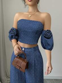 Elenzga 2pcs Women Solid Color Crop Top And Casual Long Pants Set - Blue - View 3