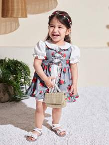 SHEIN Vestito corto da ragazza con colletto alla Peter Pan e maniche corte a fiori, completo estivo di 2 pezzi con cardigan lungo - Grigio - Visualizzare 11
