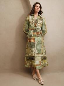 Anewsta Elegant Vacation Style Geometric Print Collar Shirt Dress, Spring - Multicolor - View 4