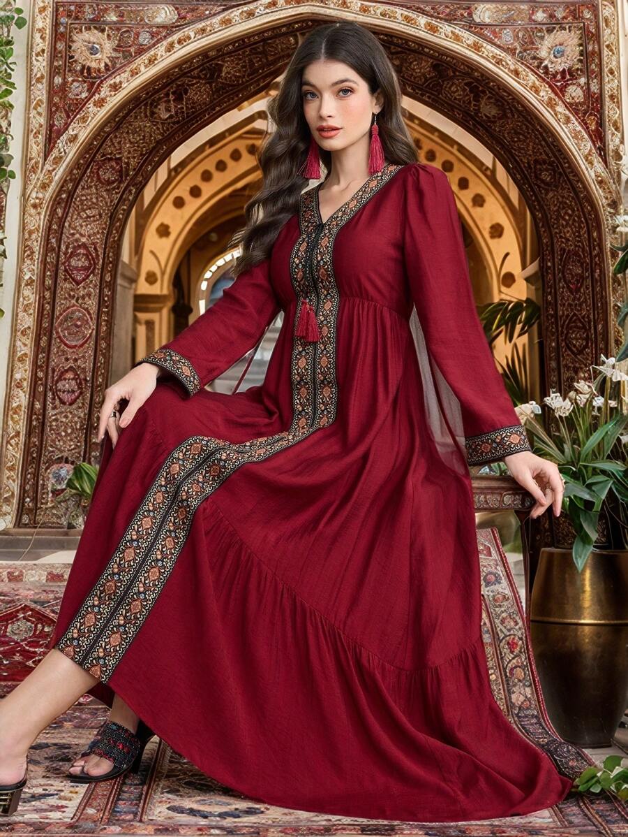 Al Najma Bright Red  V-Neck Webbing Tassel Women's Elegant Ribbon Trim Dress - Red - View 1