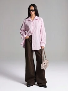 LYSMO Women's Striped Drop Shoulder Long Sleeve Button Down Casual Loose Blouse - Baby Pink - View 4