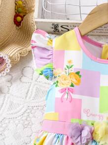 Vestido con estampado floral, cuello redondo y manga corta para niñas jóvenes y lindas