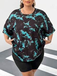 SHEIN CURVE+ Camiseta de manga corta con hombros caídos y teñido anudado de talla grande (teñido anudado aleatorio)