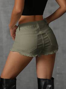SHEIN ICON Solid Color Frayed Denim Mini Skirt Shorts - Army Green - View 2