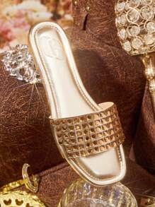 CUCCOO TILAWA Glamorous Sparkling Champagne Color Strap Embellished Slide Sandals - Gold - View 3