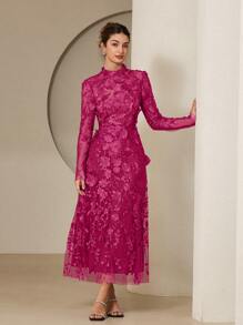 Aveloria Rosie Đầm dài tay cổ đứng thắt eo thêu hoa lãng mạn thanh lịch, trang phục dự tiệc sang trọng cho phụ nữ vào mùa xuân - Màu Hồng Tươi - Xem 1