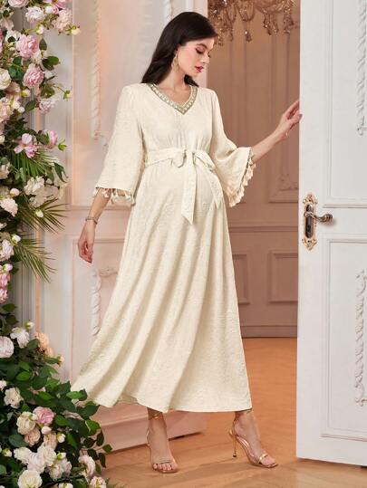 SHEIN Maternity Solid Color Patchwork Tassel Decor Simple Casual Dress