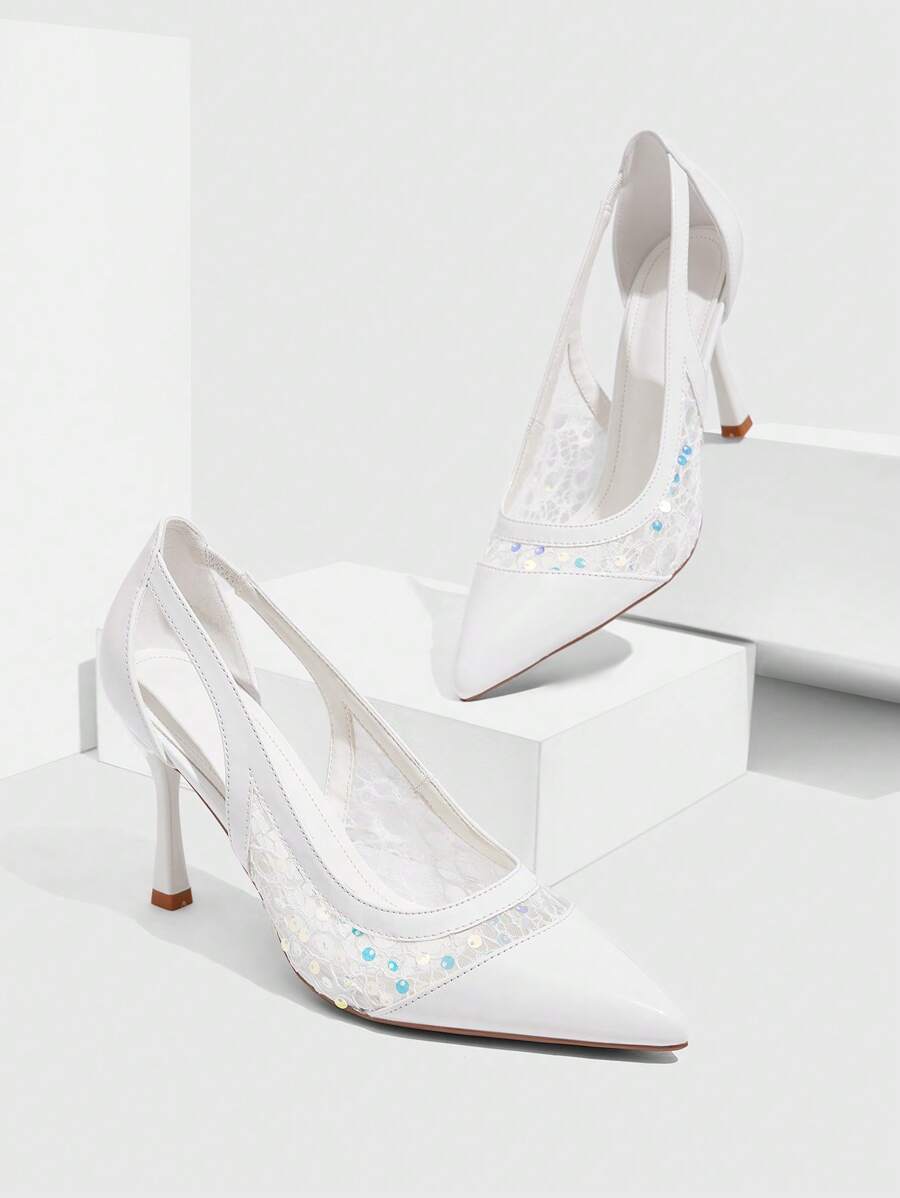 CUCCOO SZL 尖头高跟鞋时尚白色花式婚礼派对百搭防滑鞋底设计带有白色珍珠花装饰女士高跟鞋