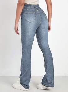 SHEIN EZwear Casual Washed High-Waist Slim-Fit Denim Jeans - Dusty Blue - View 3