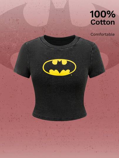 Batman X ROMWE Casual Bat Logo Printed Slim Fit T-Shirt, Summer