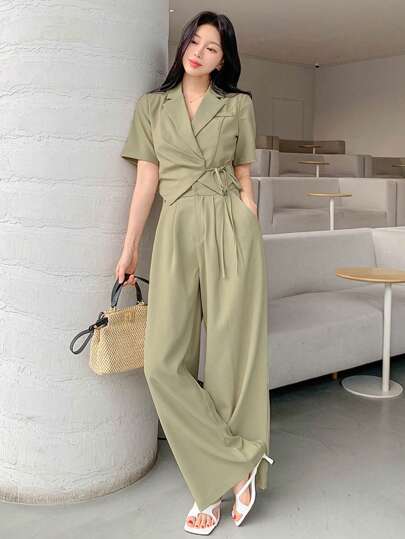 DAZY 2pcs/Set Women Solid Color Tie-Up Pleat Suit Jacket And Wide-Leg Pants Set Business Attire