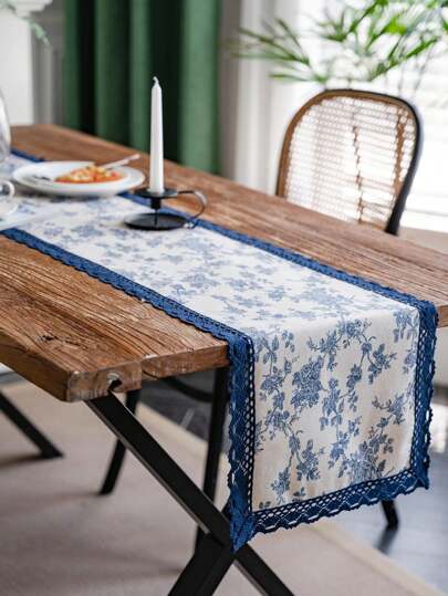 French Luxurious Vintage Printed Table Runner, Navy Blue Lace Edge Rectangle Tablecloth, Multi-Purpose Decorative Cover Cloth For Daily Gathering, Birthday Party, Table Decor,Fall Decor,Autumn Decor,Room Decor