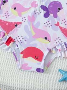 Baby Girl Graphic Print Ruffled Edge One-Piece Swimsuit - Multicolor - View 5