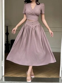 DAZY 女士纯色V领泡泡袖系腰上衣和半裙套装，两件套，家居服套装 - 紫色 - 查看 3