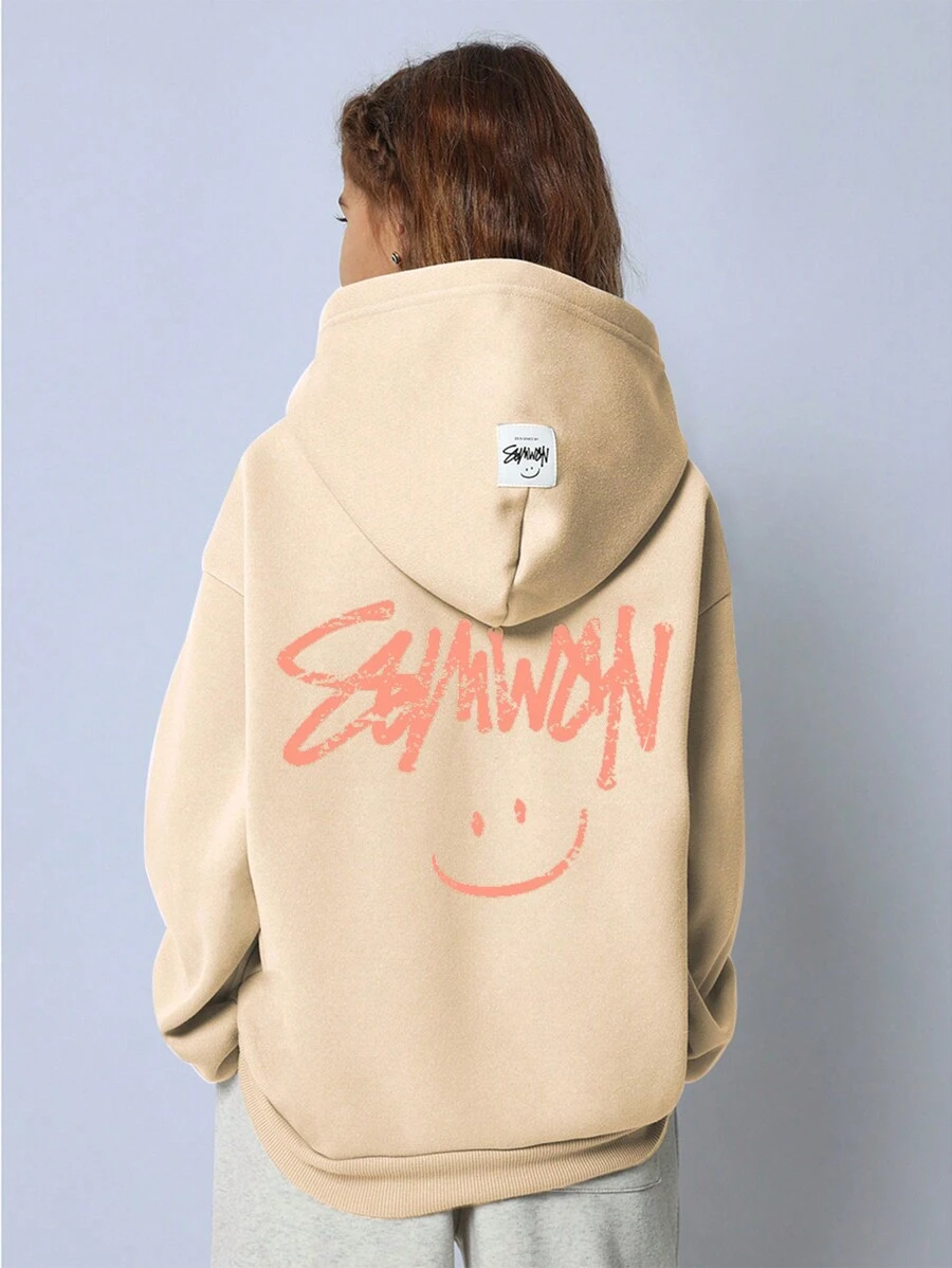 SUMWON Cozy Oversized Hoodie With Face Print Youth Streetwear Fall Winter Casual Pullover Sweatshirt Wear Teen Fashion - Apricot - View 1