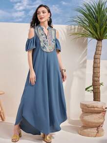 Al Najma 女士花朵拼布露肩优雅阿拉伯连衣裙 - 藍色 - 查看 1