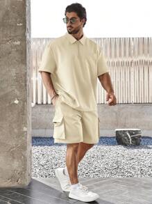 Manfinity Homme Plus Size Men Casual Solid Color Short Sleeve Shirt And Shorts Set - Beige - View 4