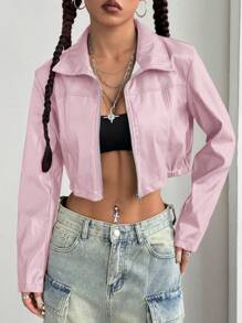 StreetHx Cropped Burgundy Faux Leather Zipper Jacket - Baby Pink - View 4