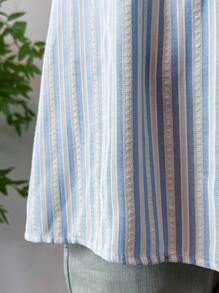 Chiquease 度假扭纹领口抽绳吊带纹理蓝白条纹衬衫，女款，春夏季 - 藍白色 - 查看 5