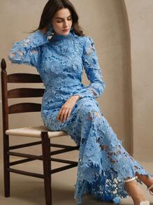 Anewsta Damen weißes langes Ärmelkleid mit Spitze und ausgeschnittenen Elementen