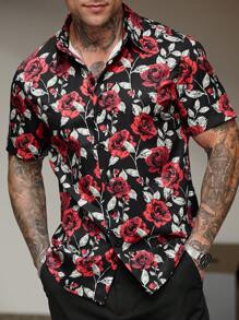 Manfinity Homme Camisa de manga corta con estampado de rosa roja sobre fondo negro para hombre
