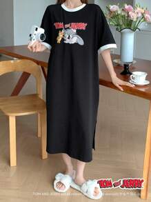 TOM AND JERRY X DAZY Cute Oversize Cartoon Print Contrast Color Design Loose Nightgown Pajama, Moo Moo - Black - View 6