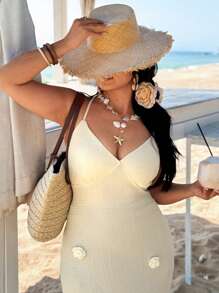 SHEIN VCAY Váy bó sát hở lưng cỡ lớn có họa tiết hoa - Màu be - Xem 2