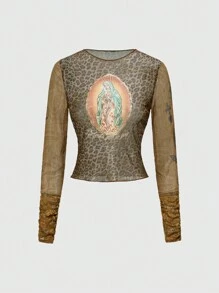 ROMWE J-Fashion Y2K Vintage Madonna Graphic & Leopard Print Sheer Tight Sexy Women Top