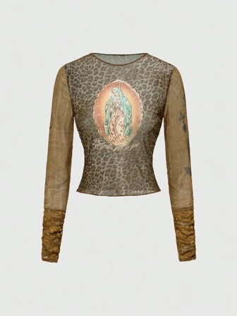 J-Fashion Top sexy transparente para mujer con gráfico vintage de Madonna y estampado de leopardo en estilo Y2K