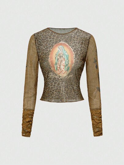 J-Fashion Top sexy, trasparente, con stampa grafica vintage della Madonna e stampa leopardata, in stile Y2K, per donne
