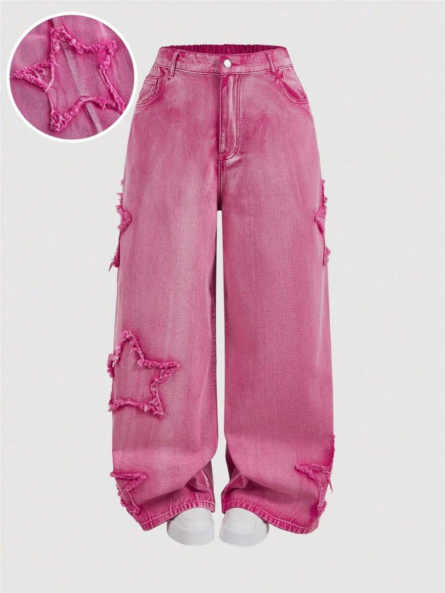 SHEIN CURVE+ 女士加大码粉色牛仔松紧腰显瘦直筒裤星星图案浪漫可爱裤子