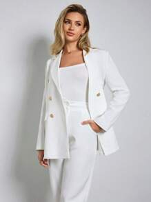 CLARA VERO Women Simple Business Solid Color Lapel Neck Double Breasted Blazer And Pants - White - View 5