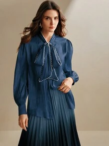 Anewsta 杏色珍珠结宽松长袖女式衬衫