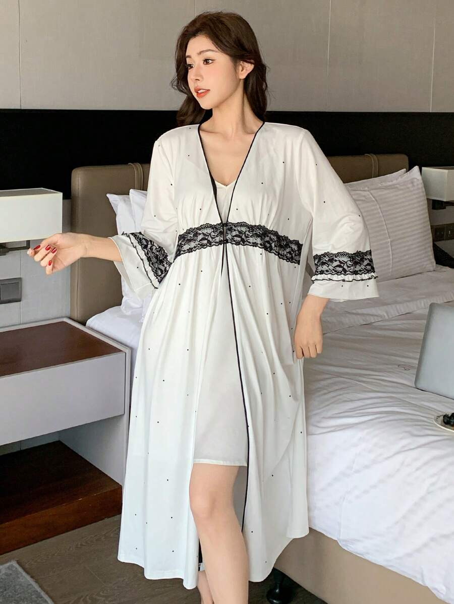 DAZY 波尔卡圆点印花拼色蕾丝拼接七分袖宽松女士睡袍睡衣 - 白色 - 查看 1