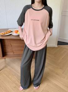 DAZY 2pcs Set Women Letter Print Raglan Sleeve Short Sleeve Loose Fitting Sleepwear/Loungewear Pajama - Pink - View 8