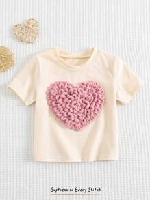 Cozy Pixies 女婴可爱心形泡泡针柔软针织圆领短袖套头衫，女孩情人节装扮，情人节礼物，适合休闲、居家、百搭穿着，室内和室外 - 杏色 - 查看 3