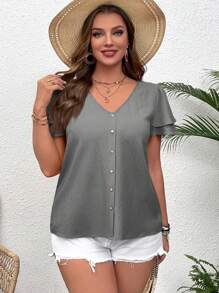 SHEIN VCAY Plus Size Vacation Double Ruffle Hem V-Neck Short Sleeve Shirt - Grey - View 4