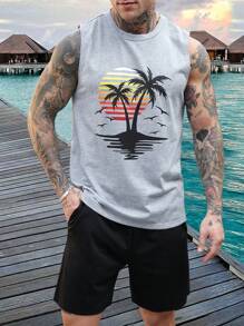 Manfinity Homme Men's Solid Color Tank Top & Shorts Set, Casual Daily Outfit, Vacation - Light Grey - View 2