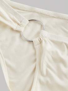 SHEIN MOD 金属光泽不对称领口上衣，侧边抽绳设计，方领，性感蕾丝，外出穿着，露肩，露背，透视，紧身女装 - 杏色 - 查看 5