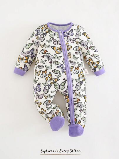 Cozy Pixies Newborn Baby Girls Butterfly Pattern Contrast Color Soft Knit Crew Neck Long Sleeve Romper With Pants