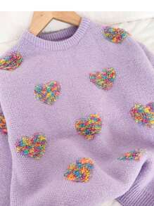 SHEIN Tween Girl Heart Pattern Detailed Simplistic Crew Neck Long Sleeve Casual Sweater - Mauve Purple - View 7
