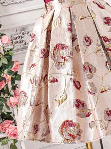 SHEIN 女童缎面串珠肩衬衫搭配提花玫瑰图案手工褶皱长裙套装