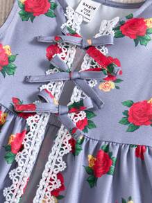SHEIN Vestito corto da ragazza con colletto alla Peter Pan e maniche corte a fiori, completo estivo di 2 pezzi con cardigan lungo - Grigio - Visualizzare 8