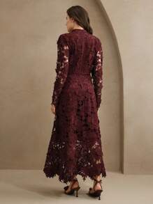 Anewsta 女士白色长袖蕾丝镂空连衣裙 - 酒紅色 - 查看 6