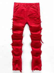 SHEIN 千禧年男孩时尚休闲街头风毛边设计红色直筒童牛仔裤，柔软舒适，适合日常穿着和夏季穿着。 - 紅色 - 查看 7